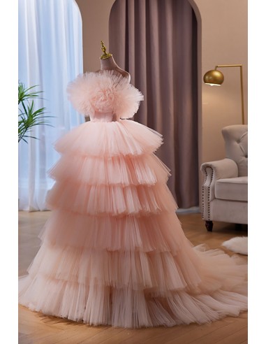 Ball Gown Light Pink Tulle Ruffles Appliques Prom Dresses LBQ1550