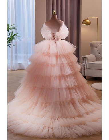 Pink Tulle Ruffled Gown Tulle Prom Dress Corset Tulle Evening Dress Y6093