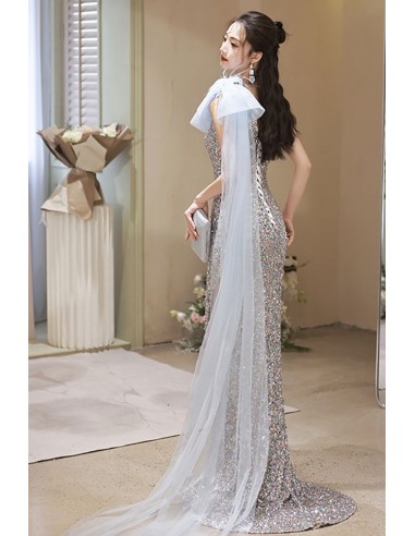 Silver Sequins Long Sleeve Split Prom Dres main image 0