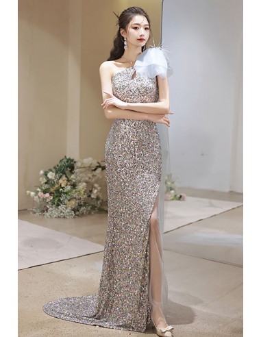 Sparkly Silver Sequins Mermaid Long Prom Dress with Split Front
