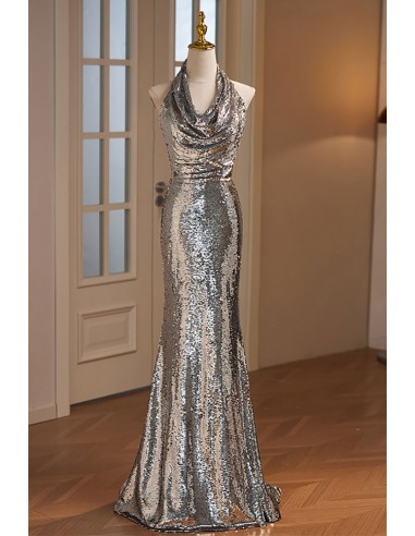 Sparkly Silver Mermaid Long Halter Formal Dress