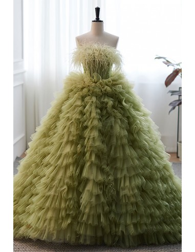Stunning Green Big Ballgown Ruffled Formal Prom Dress