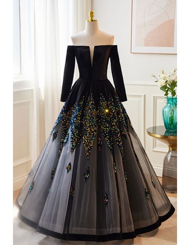 Long Black Bling Sequins Ballgown Prom Dress with Sleeves