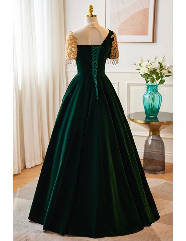 Formal Long Ballgown Dark Green Velvet Prom Dress with Beaded Sleeves 167.992 MS18110 SheProm