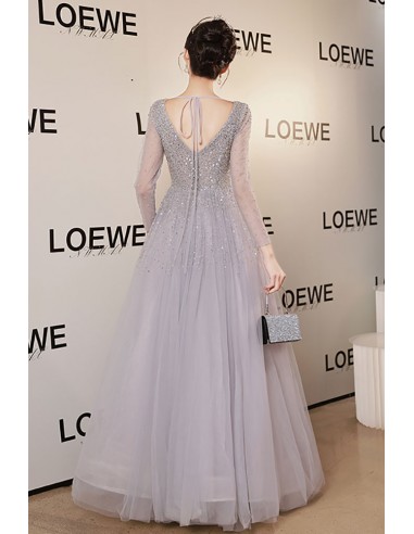 Flowy Tulle Silver Sequined Prom Dress with Sleeves - $264.992 #MS18053 -  SheProm.com