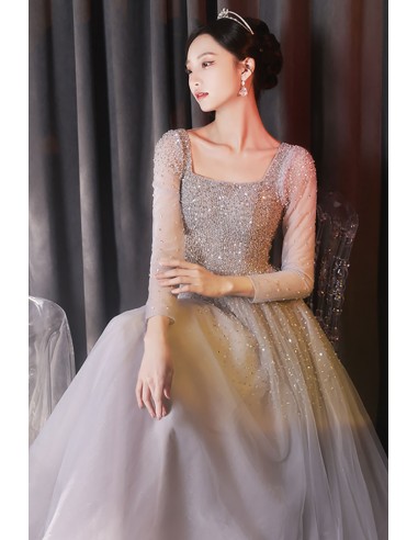 Flowy Tulle Silver Sequined Prom Dress with Sleeves - $264.992 #MS18053 -  SheProm.com