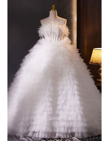 White Puffy Ballgown Tulle Wedding Dress Strapless with Feathers