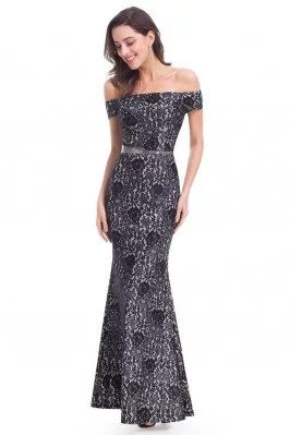 Black Lace Off-The-Shoulder Mermaid Evening Party Dress - EP07045BK