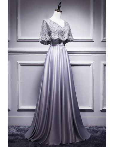 Formal Silver Grey Prom Dress with Elegant Beaded Cape Style - $116.992  #V78317