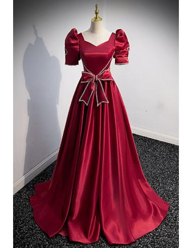 Elegant Burgundy Satin Appliques Evening Dress Slit Prom Party Dress cc1795