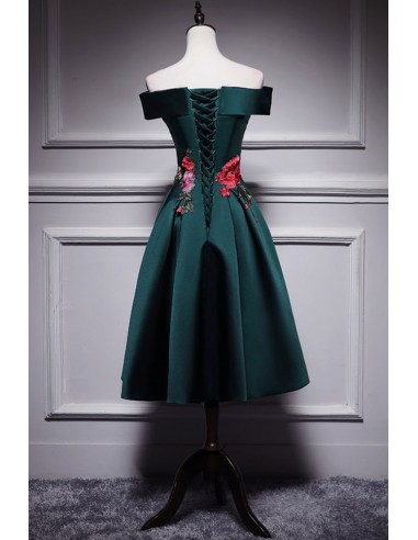 Dark Green Off-the-shoulder Tea-length Party Dress Adorned with Flowers -  $89.992 #V78307 - SheProm.com