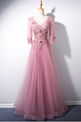 Pink Long V-neck Prom Dress...