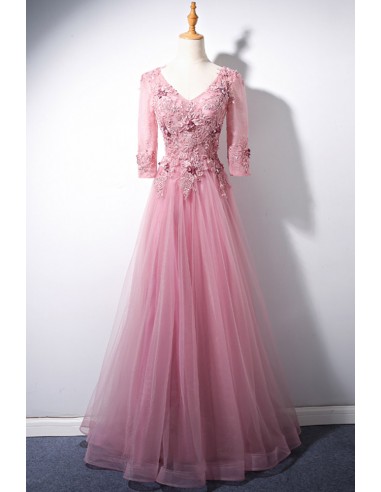 Pink Long V-neck Prom Dress with Half Sleeves And Beaded Lace