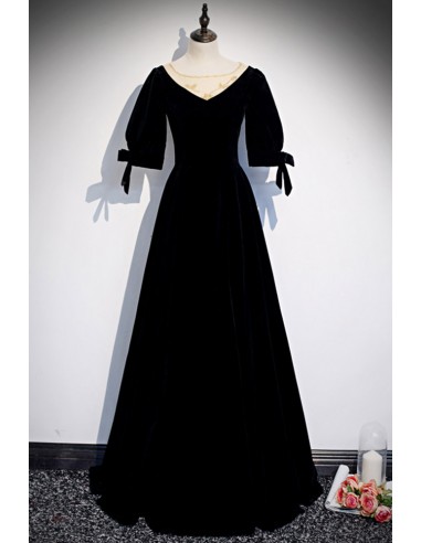 Long Black Velvet Formal Gown with Shimmering Sequins