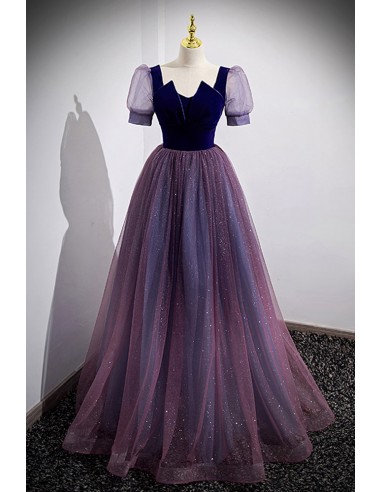 Stunning Formal Gown In Purple with Dazzling Bling Bubble Sleeves