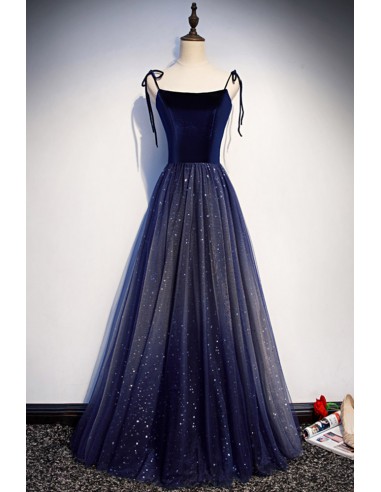 Navy Blue A-line Sparkling Tulle Prom Dress with Thin Straps