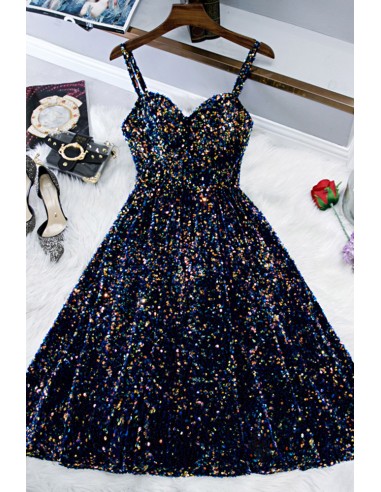 Dazzling Multicolored Sequins Midi Party Dress with Shoulder Straps