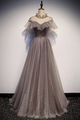 Grey Tulle Long Prom Dress...