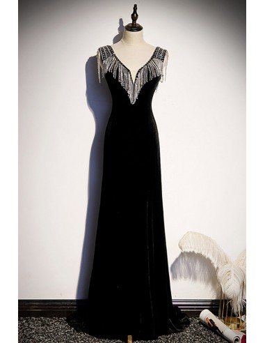Slim Long Evening Dress In Black Velvet with Sequins