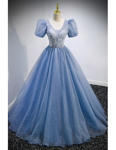 Elegant Blue Prom Gown In Ballgown Style With Bubble Sleeves - $149.992 