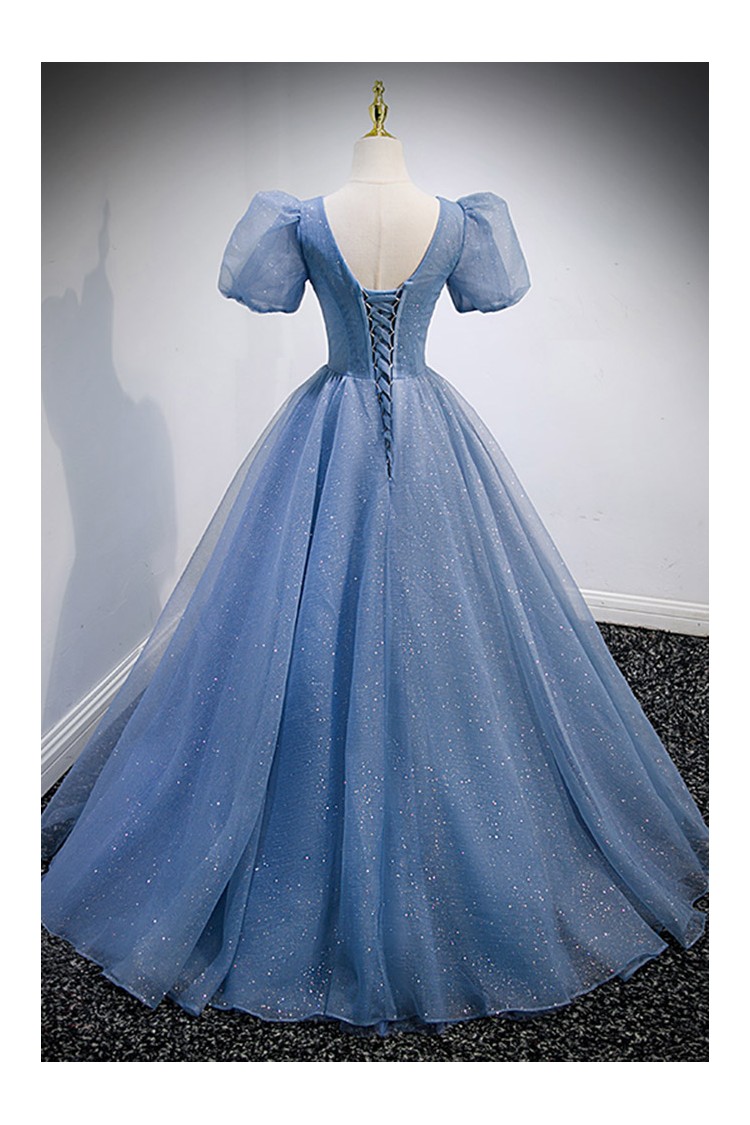 Elegant Blue Prom Gown In Ballgown Style with Bubble Sleeves - $149.992 ...