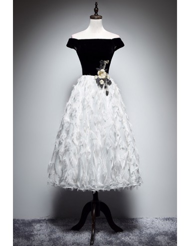 Black And White Feathered Tea-length Party Dress