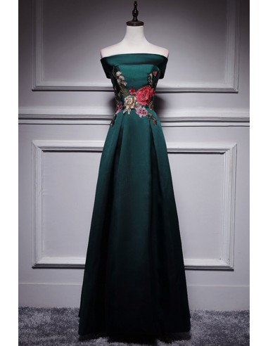 Long Formal Dark Green Satin Dress with Embroidered Floral Accents