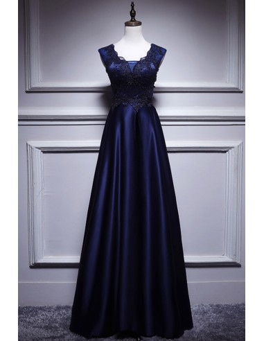 Elegant Long Sleeveless Prom Dress In Navy Blue Satin
