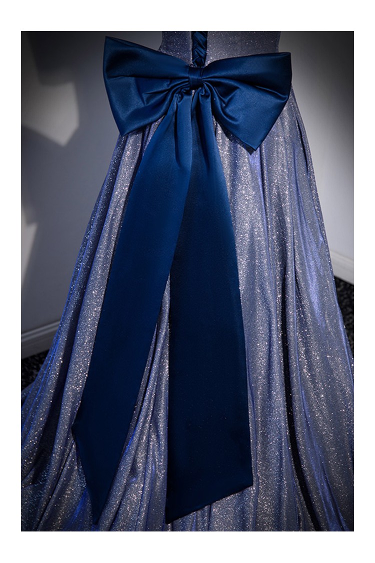 Dazzling Blue V-neck Formal Gown with Large Bow Detailing - $145.992 #V78073 - SheProm.com