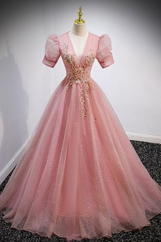 princess pink prom dress ZAPAKA Women Fuchsia Tiered Long Prom Dress Princess A-Line V-Neck Evening Party Dress With Slit, Fuchsia / US12