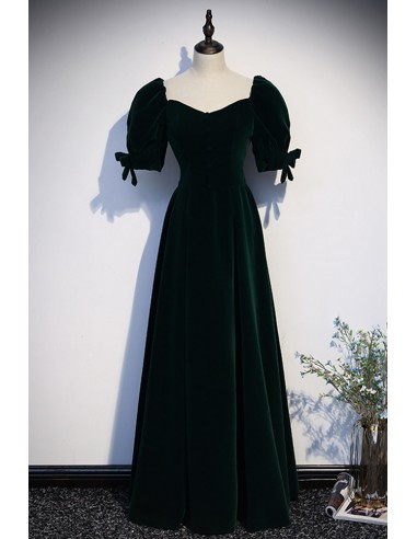 Classic Dark Green Long Velvet Gown with Bubble Sleeves