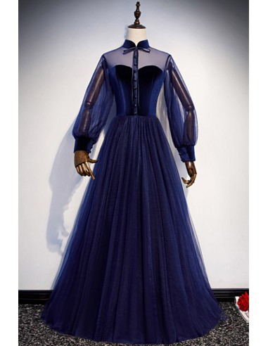 Long Navy Blue Tulle Formal Dress with Long Sleeves