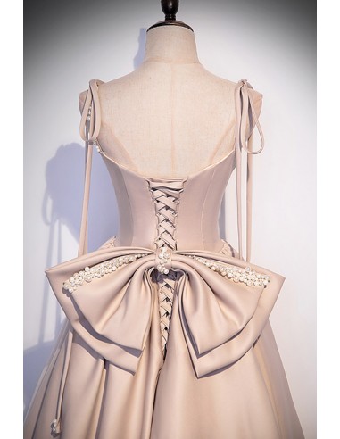 Satin Column Gown with Cascading Side Ruffle Champagne