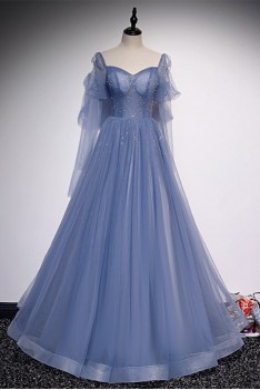 Beautiful Long Tulle Blue Prom Dress with Long Sleeves - $147.992