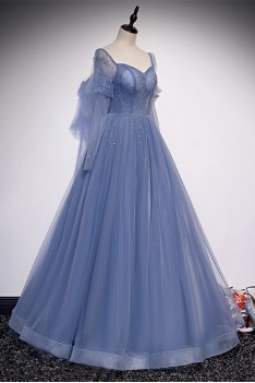 Beautiful Long Tulle Blue Prom Dress with Long Sleeves - $147.992 #V78250 