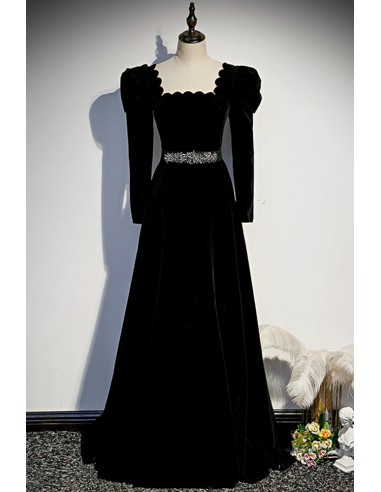Long Sleeve Black Velvet Formal Gown with Full Length Skirt