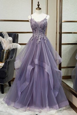 Elegant Purple Ruffled Prom...