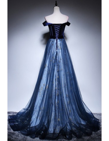 Navy Blue Prom Dress with Stars Made Of Velvet And Tulle - $133.992 #V78308  - SheProm.com