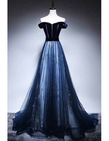 Navy Blue Prom Dress with Stars Made Of Velvet And Tulle