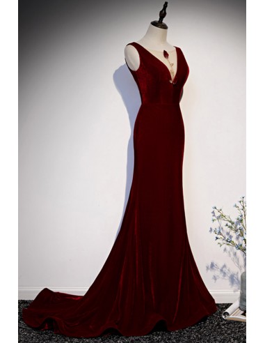 Vintage V Neck Burgundy Satin Mermaid Evening Dress Backless Long Birthday Party Dress