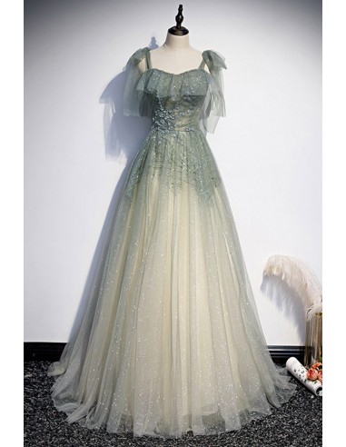 Green Prom Gown with Shimmering Straps And Flowing Tulle