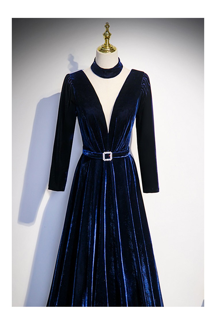 Deep V-neck Long Evening Gown with Full Sleeves In Velvet - $145.992  #V78063 - SheProm.com