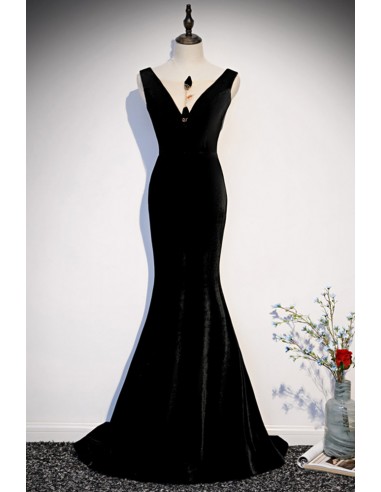 Black Mermaid Velvet Evening Dress with Double V-neckline