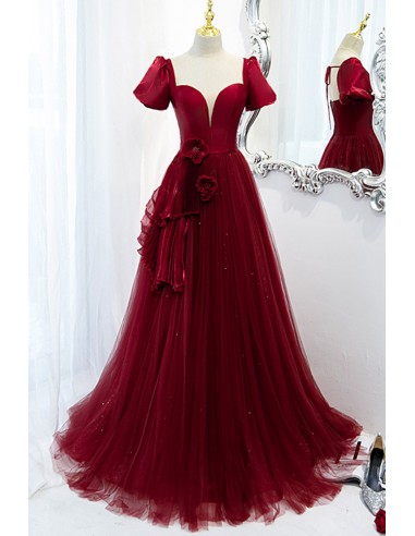 Elegant Burgundy Red Prom Gown with Flowing Long Tulle Skirt And Sleeves