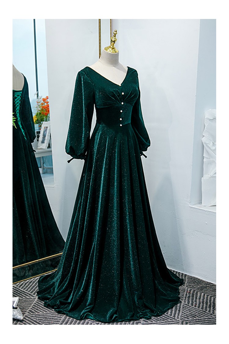 Dark Green Velvet Formal Dress with Elegant Lantern Sleeves