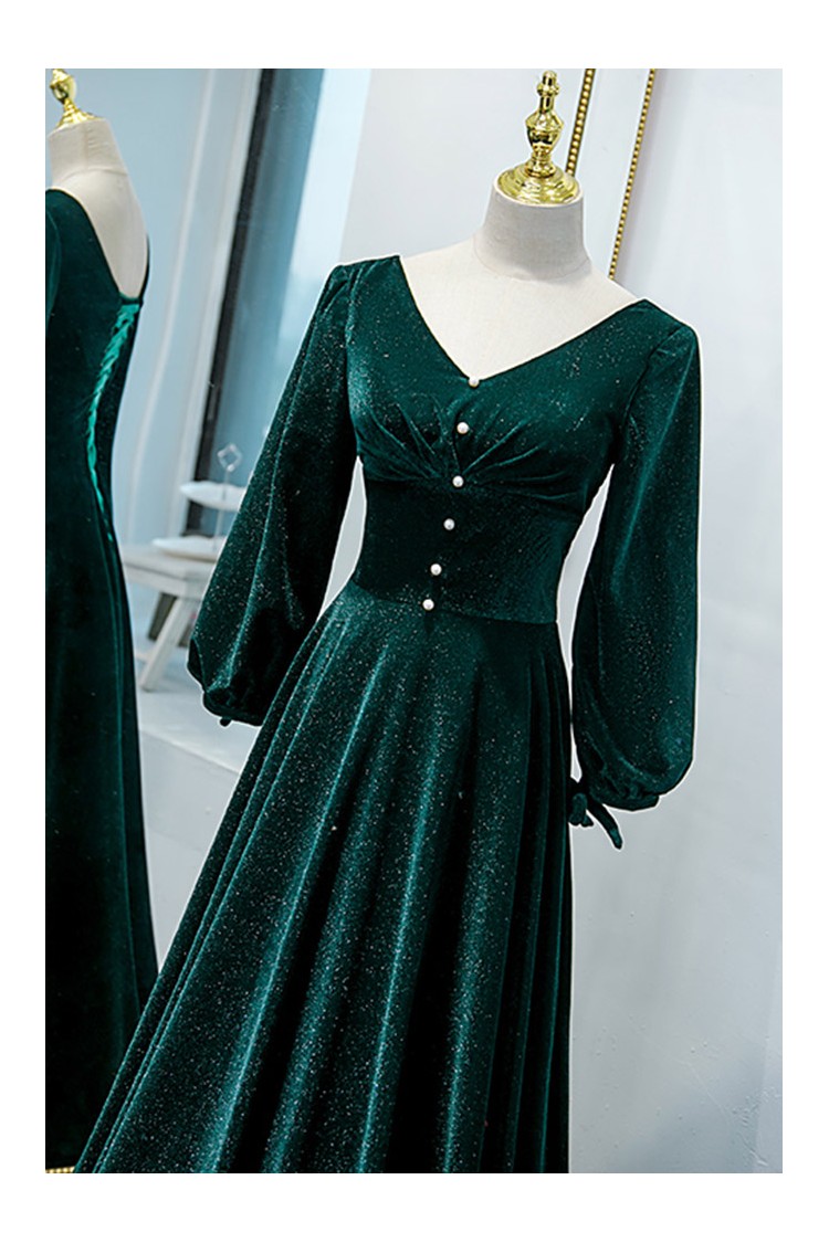Dark Green Velvet Formal Dress with Elegant Lantern Sleeves - $129.992  #V78189 