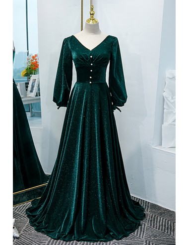 Dark Green Velvet Formal Dress with Elegant Lantern Sleeves