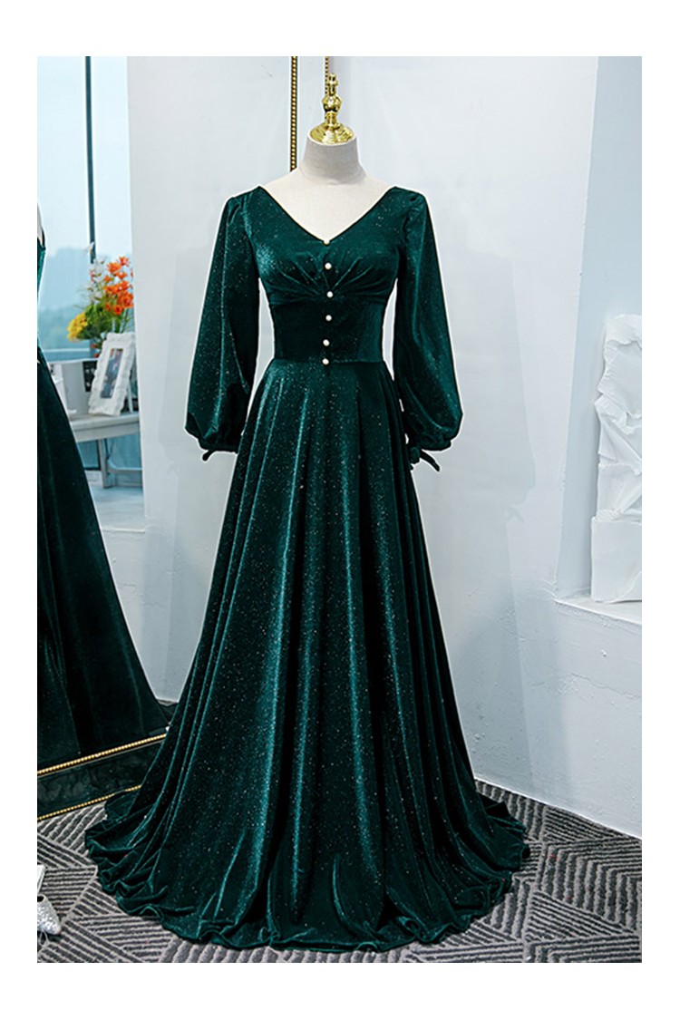 Dark Green Velvet Formal Dress with Elegant Lantern Sleeves