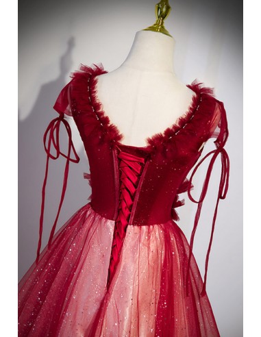 Chic V-neck Prom Dress In Bling Burgundy Red Tulle with Straps - $145.992  #V78017 