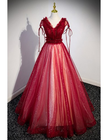 Chic V-neck Prom Dress In Bling Burgundy Red Tulle with Straps